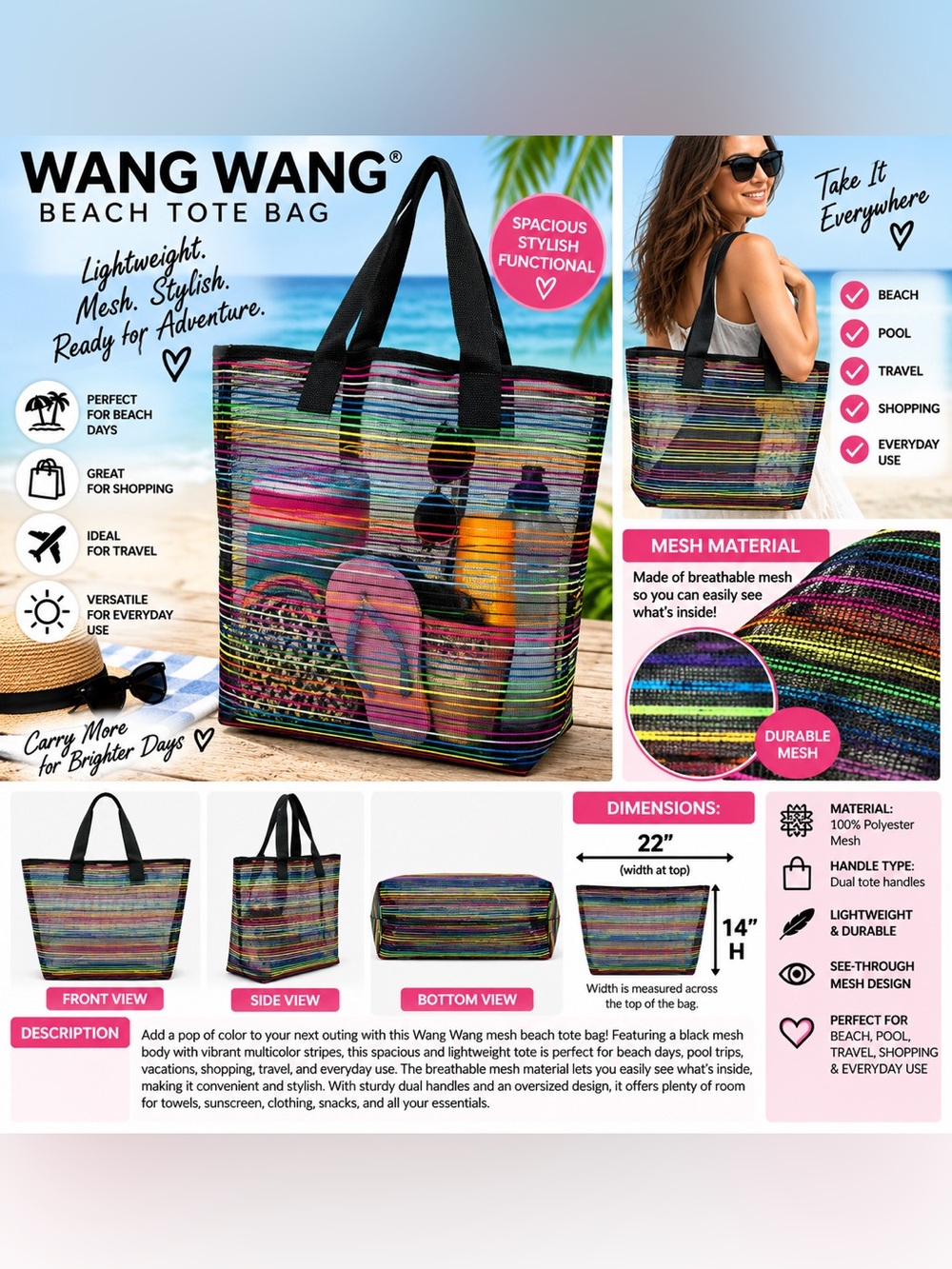 WANG WANG MULTICOLOR MESH BEACH TOTE BAG (NEW WITH TAGS) A28